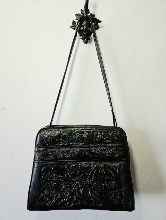 Avelar Handbags - Vintage Floral Hand Tooled Leather Purse Black Handbag Western Boho Aztec